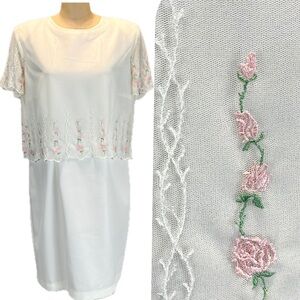 VINTAGE rose embroidered sheer midi dress short sleeve sheer delicate formal 80s